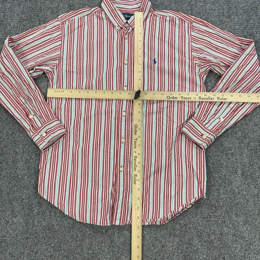 VTG Ralph Lauren Shirt Boys L (16/18) Red Striped Long Sleeve Button Down Logo